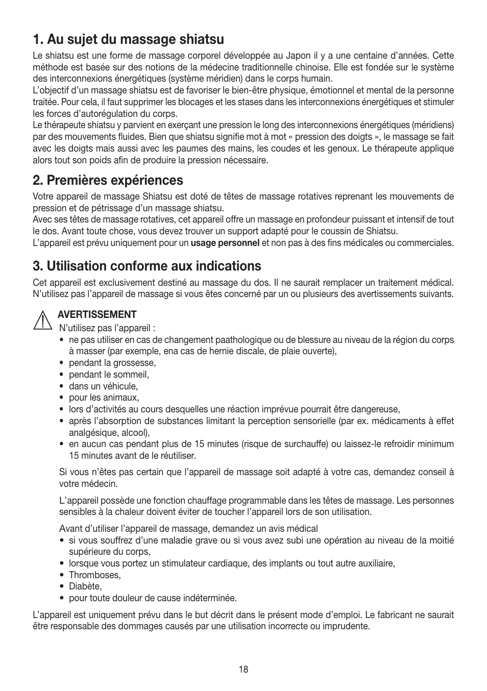 Au sujet du massage shiatsu, Premières expériences, Utilisation conforme aux indications | Beurer MG 260 User Manual | Page 18 / 60