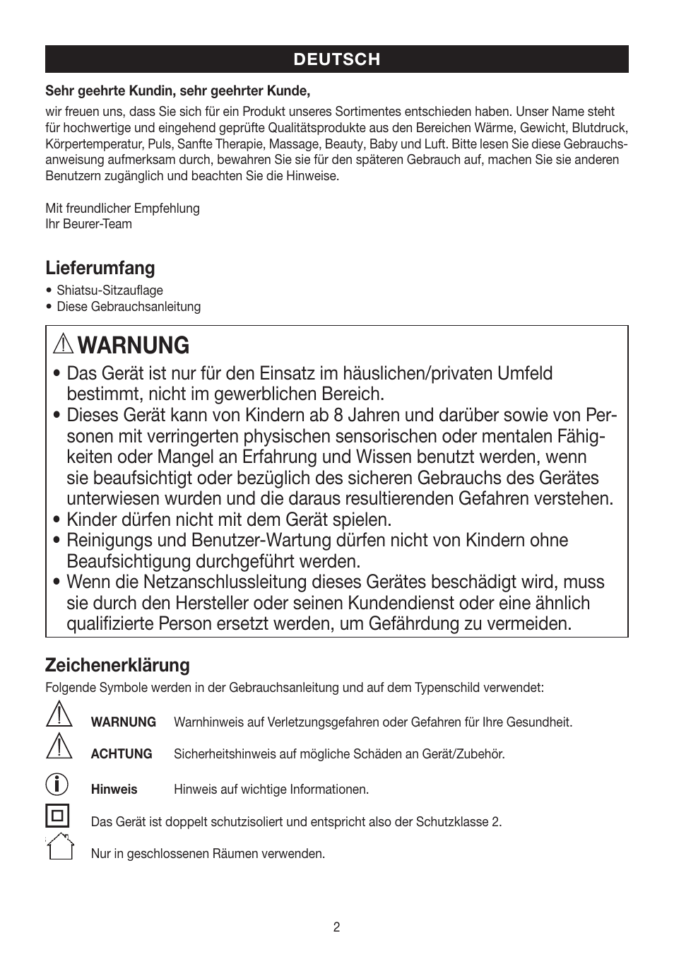 Warnung, Lieferumfang | Beurer MG 260 User Manual | Page 2 / 60