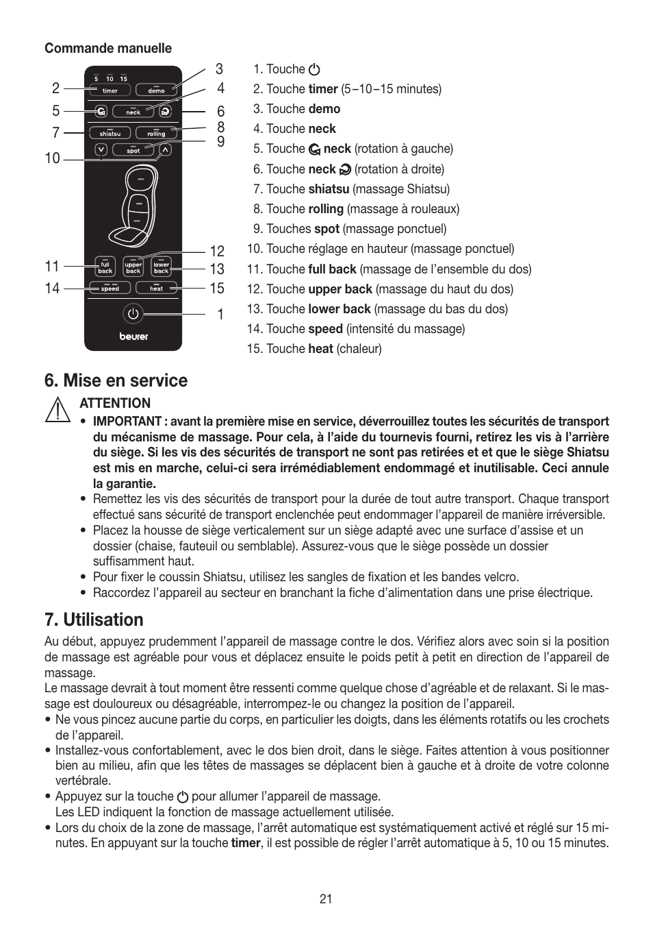 Mise en service, Utilisation | Beurer MG 260 User Manual | Page 21 / 60