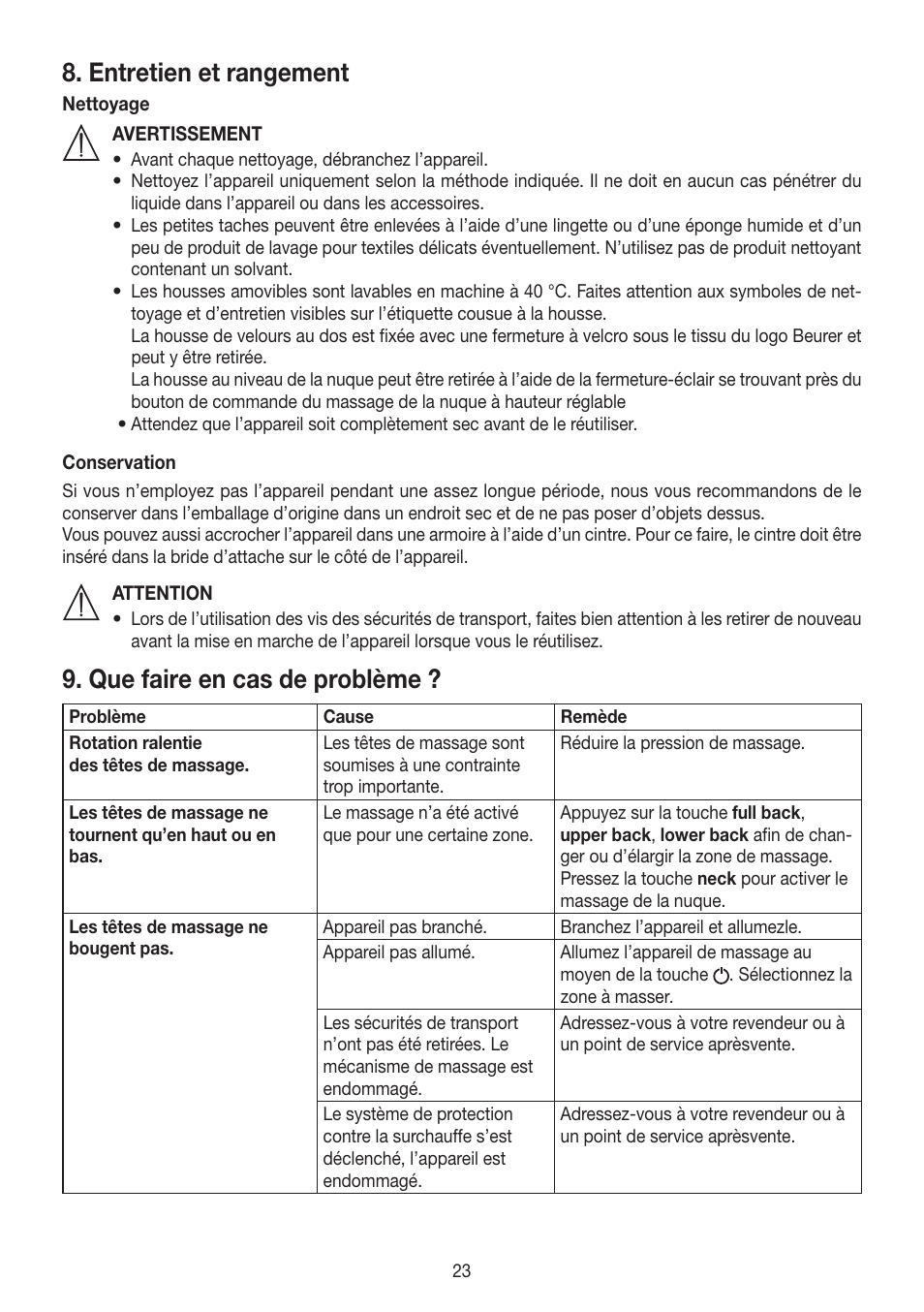 Entretien et rangement, Que faire en cas de problème | Beurer MG 260 User Manual | Page 23 / 60