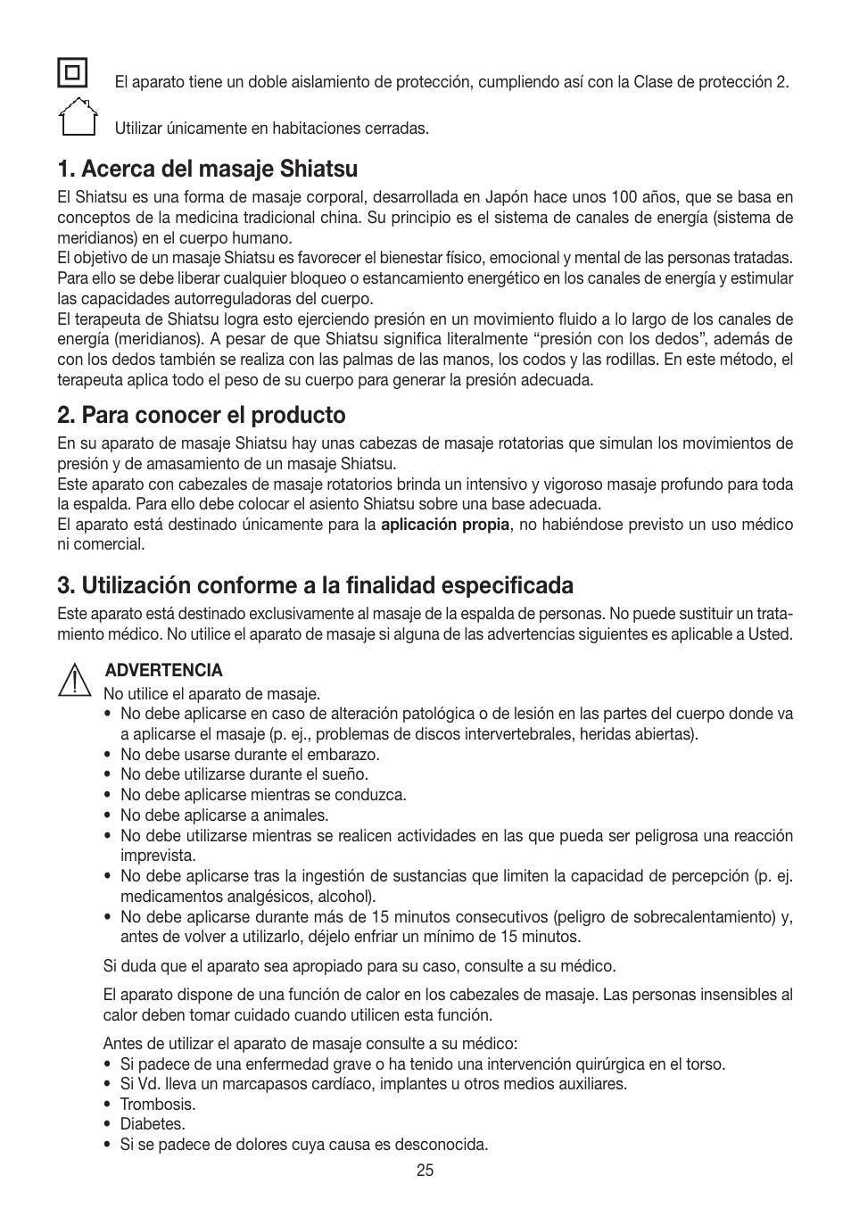 Acerca del masaje shiatsu, Para conocer el producto, Utilización conforme a la finalidad especificada | Beurer MG 260 User Manual | Page 25 / 60
