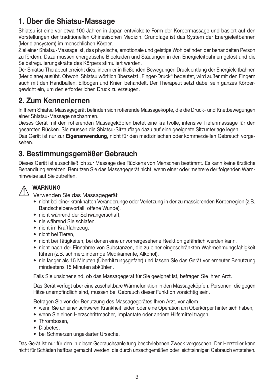 Über die shiatsu-massage, Zum kennenlernen, Bestimmungsgemäßer gebrauch | Beurer MG 260 User Manual | Page 3 / 60