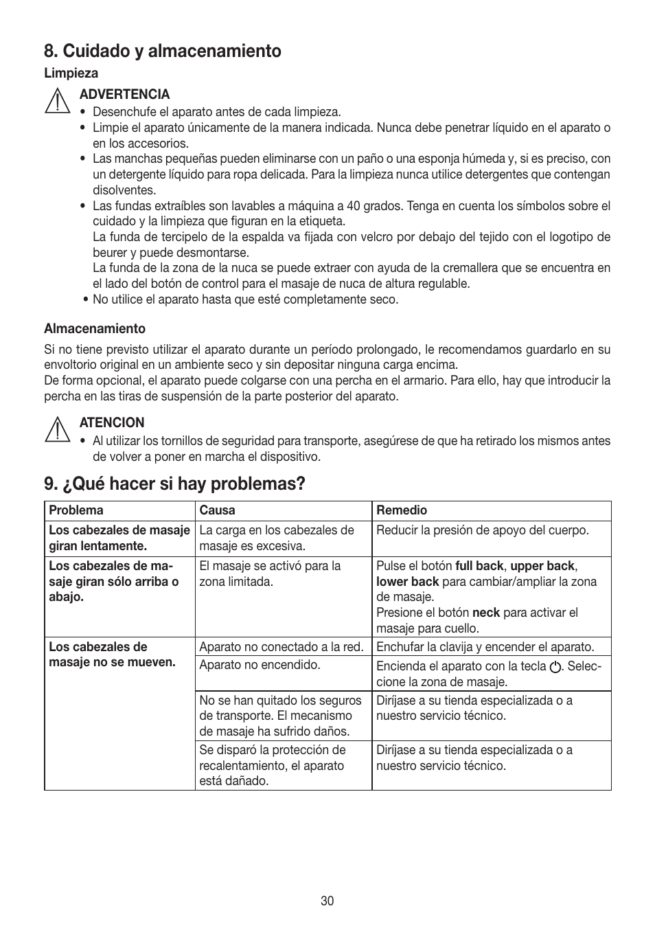 Cuidado y almacenamiento, ¿qué hacer si hay problemas | Beurer MG 260 User Manual | Page 30 / 60