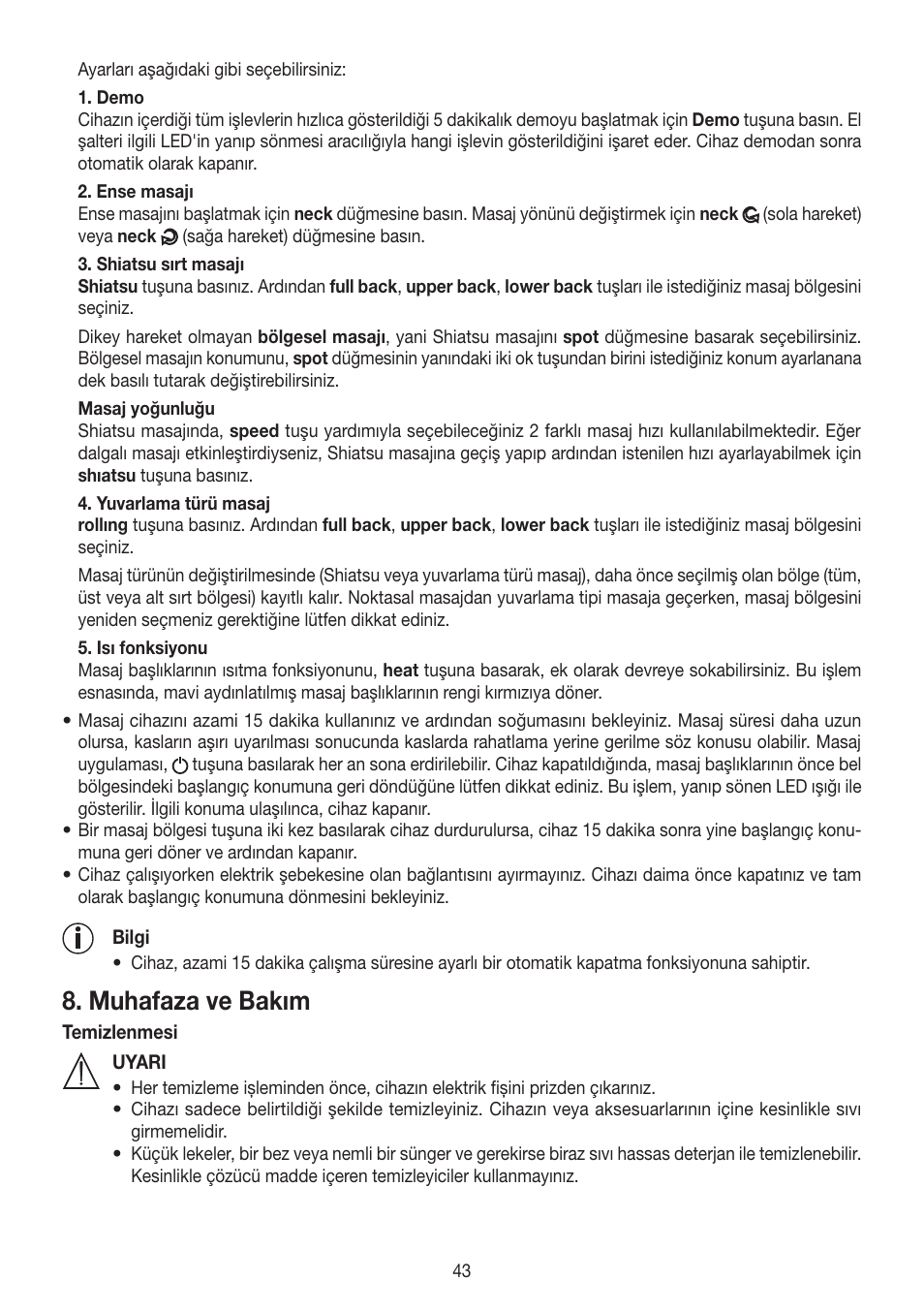Muhafaza ve bakım | Beurer MG 260 User Manual | Page 43 / 60