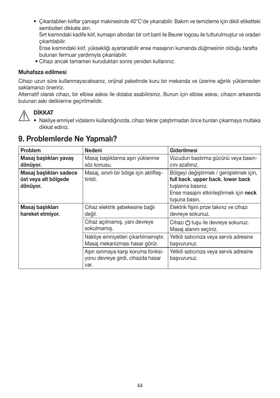 Problemlerde ne yapmalı | Beurer MG 260 User Manual | Page 44 / 60