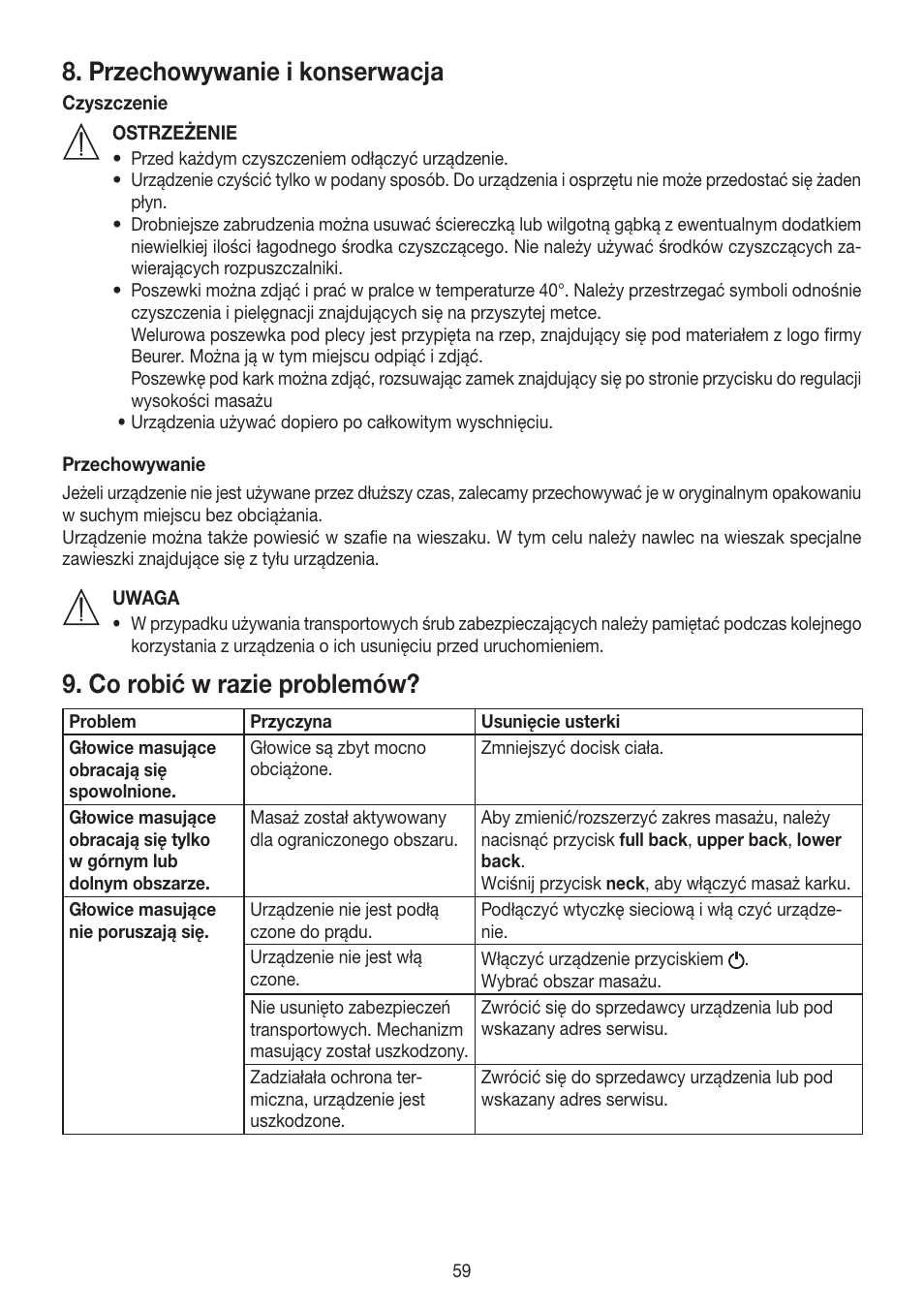 Przechowywanie i konserwacja, Co robić w razie problemów | Beurer MG 260 User Manual | Page 59 / 60