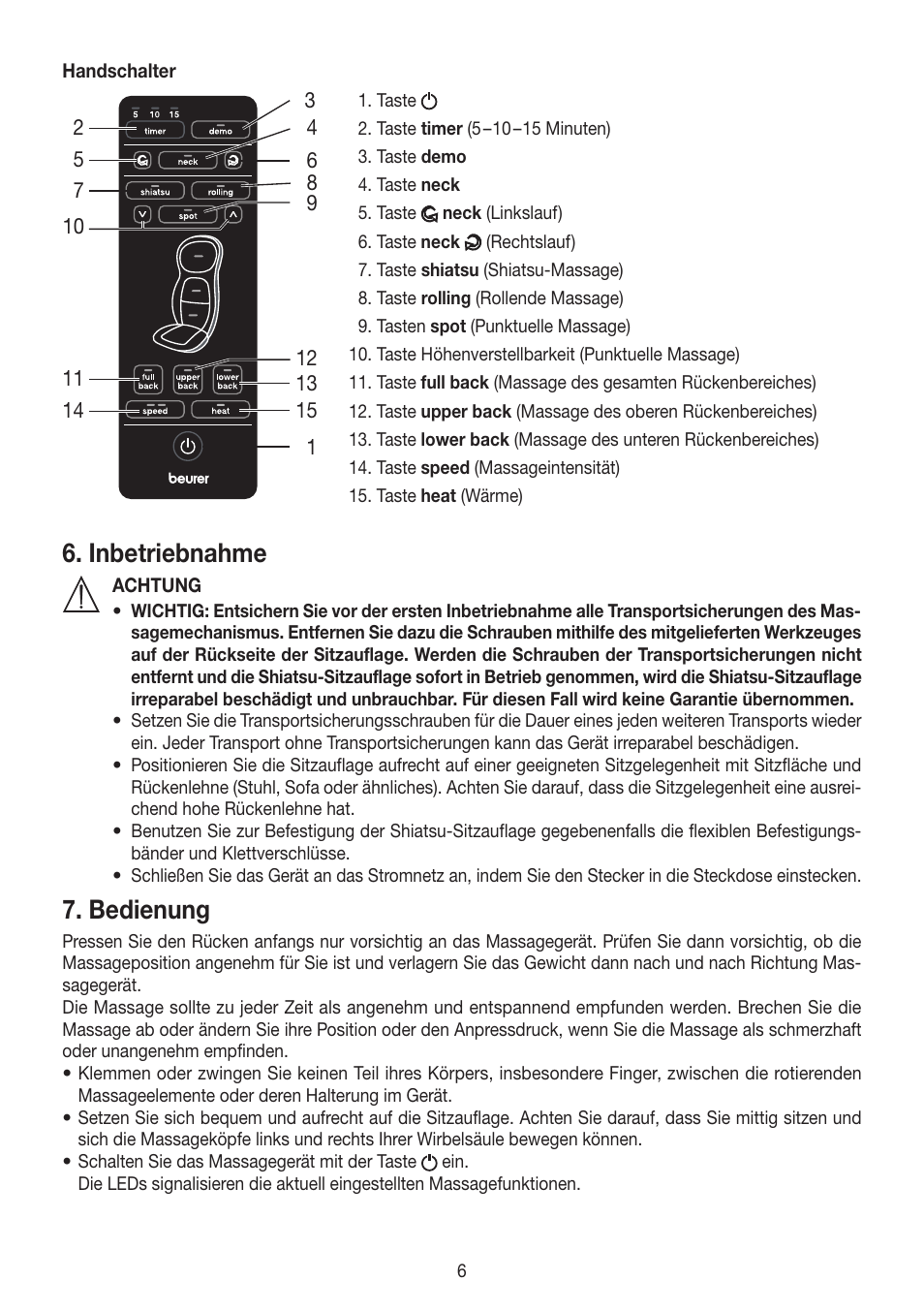 Inbetriebnahme, Bedienung | Beurer MG 260 User Manual | Page 6 / 60