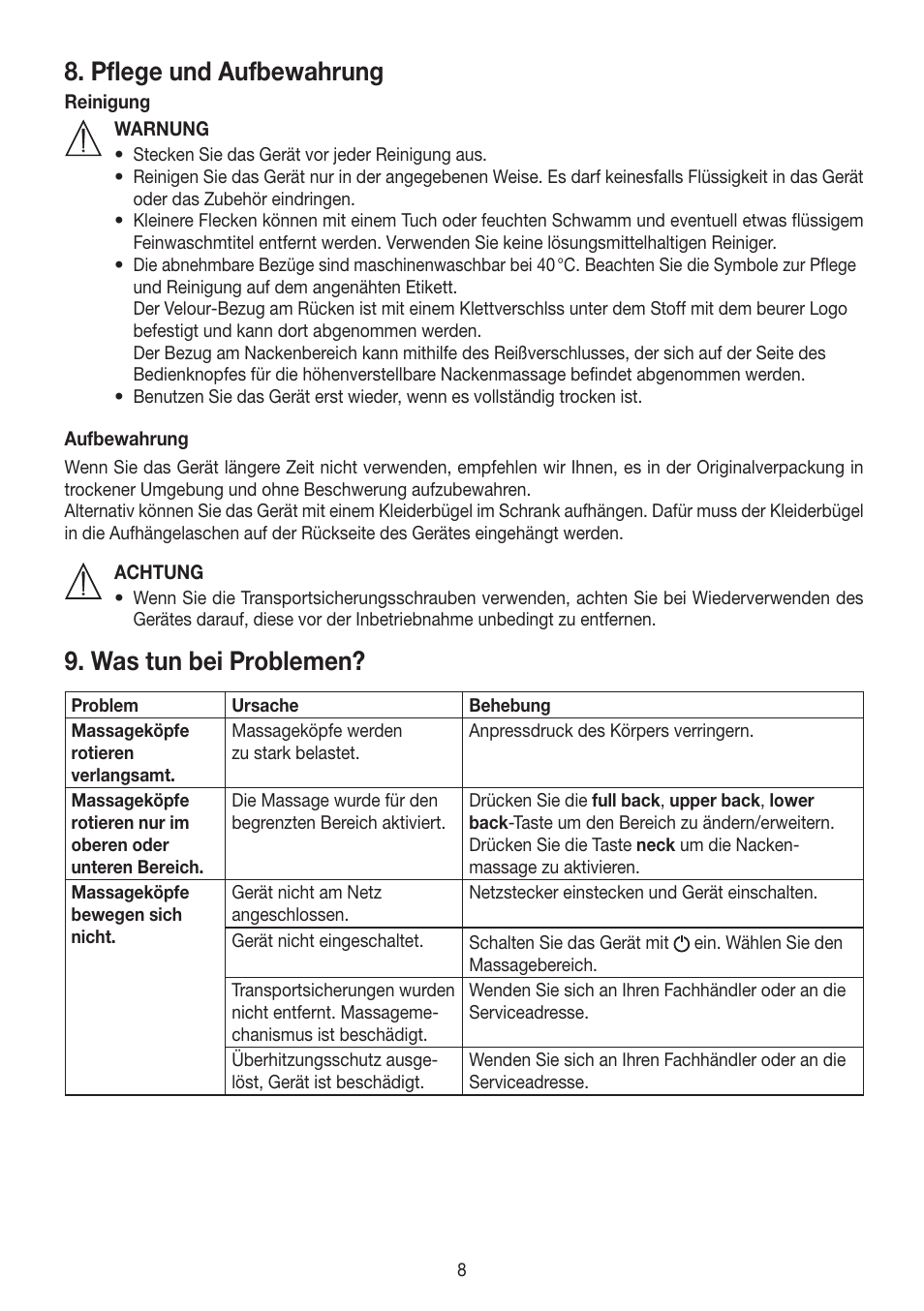 Pflege und aufbewahrung, Was tun bei problemen | Beurer MG 260 User Manual | Page 8 / 60