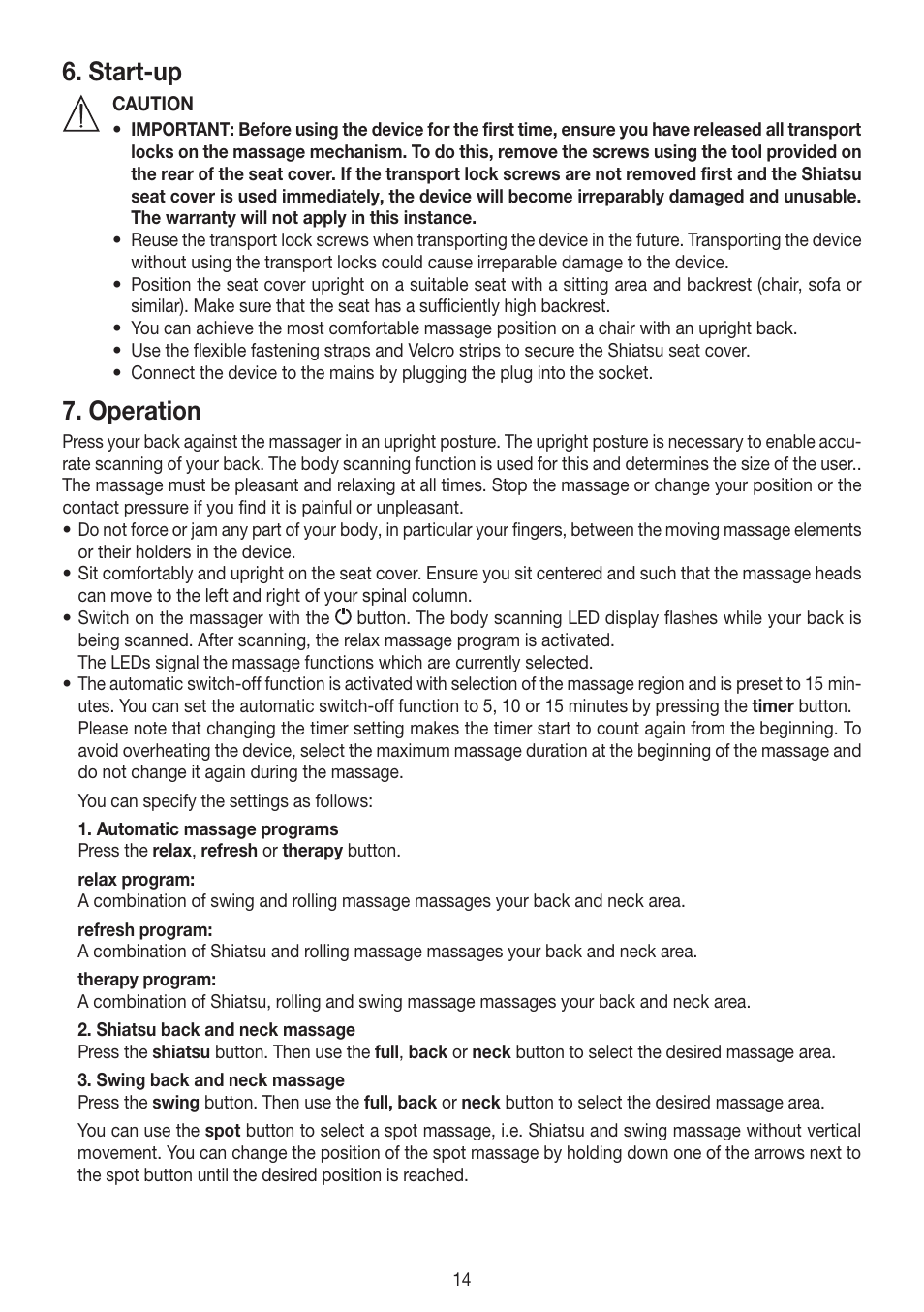 Start-up, Operation | Beurer MG 300 User Manual | Page 14 / 60