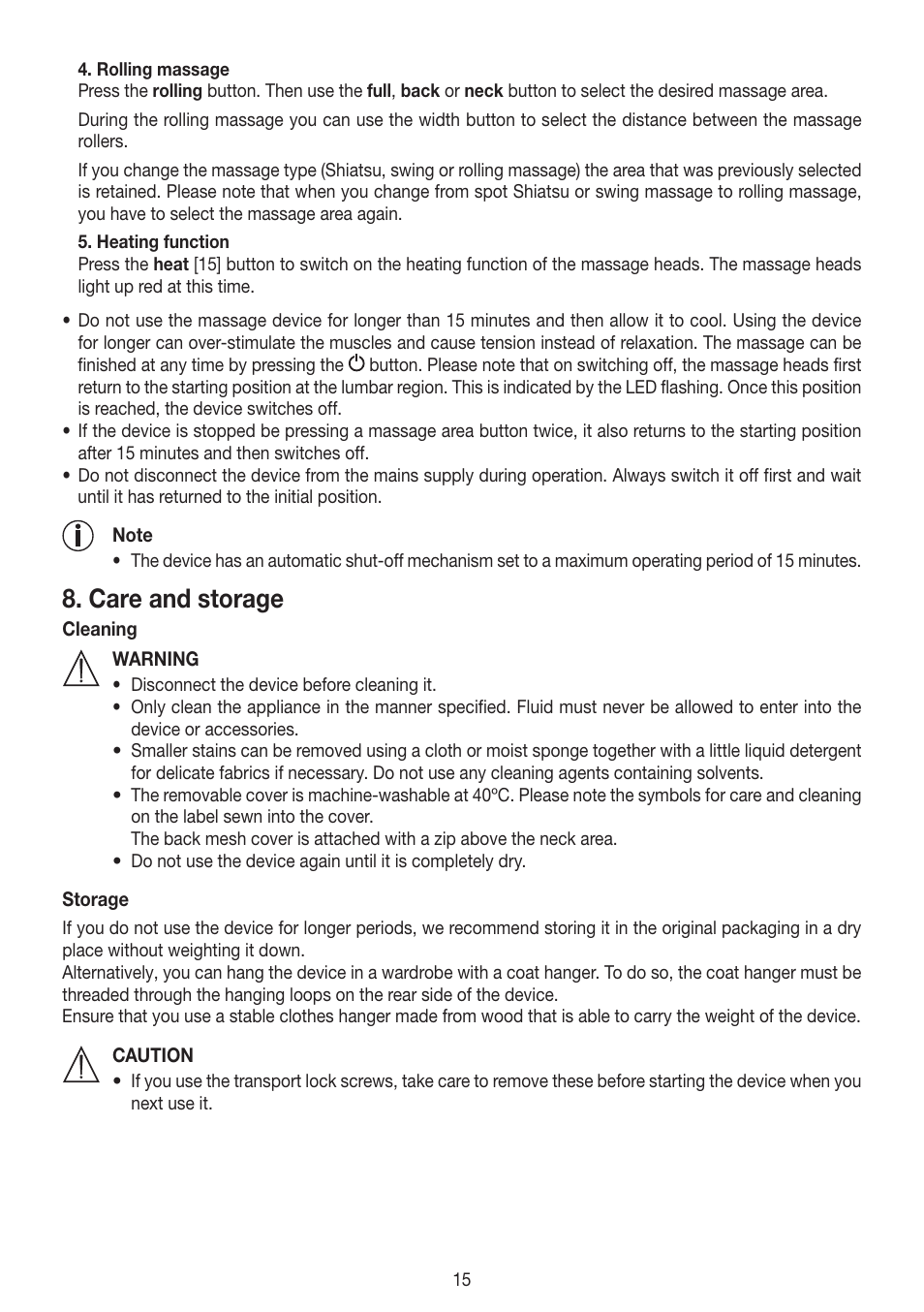 Care and storage | Beurer MG 300 User Manual | Page 15 / 60