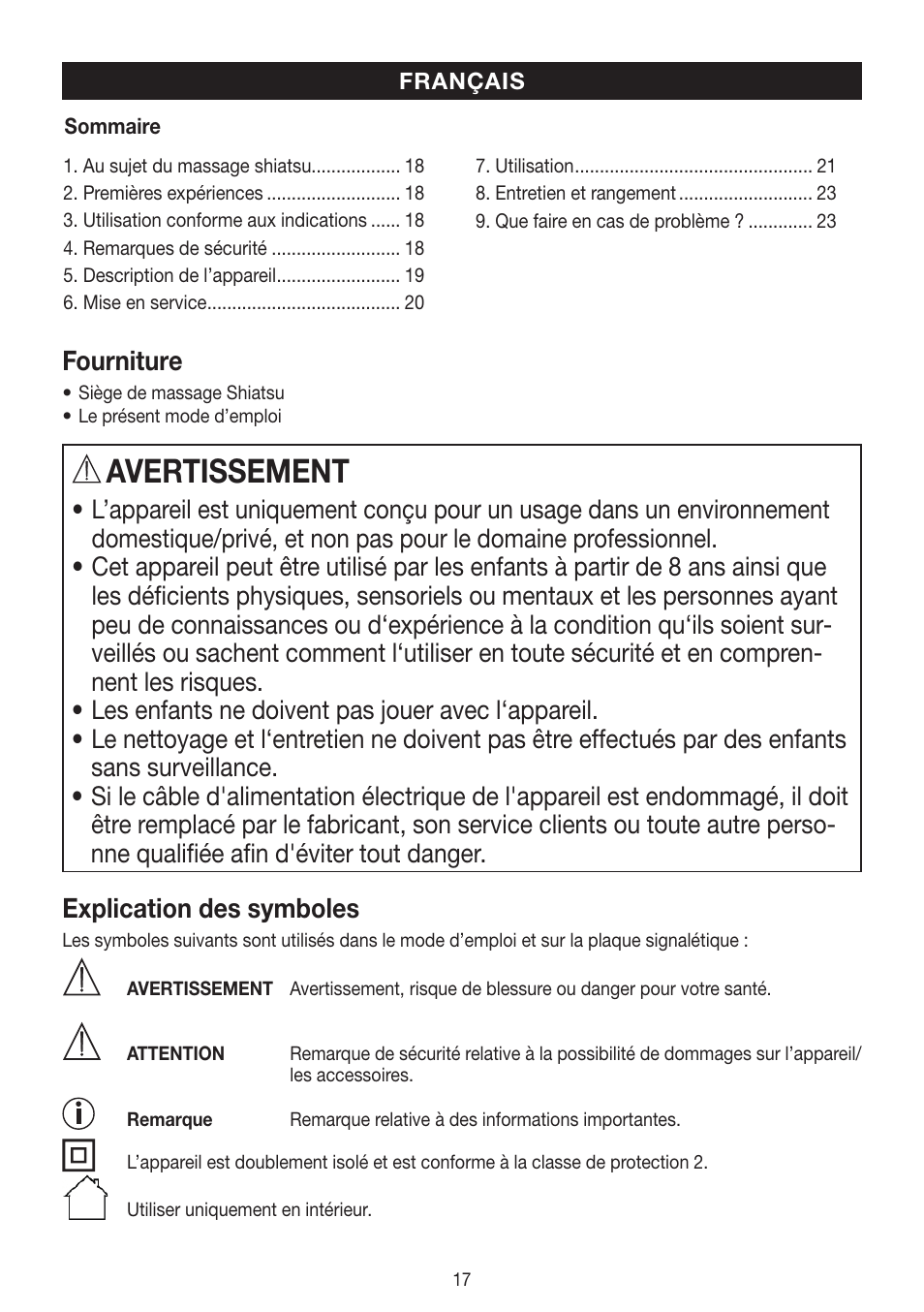 Avertissement, Fourniture, Explication des symboles | Beurer MG 300 User Manual | Page 17 / 60