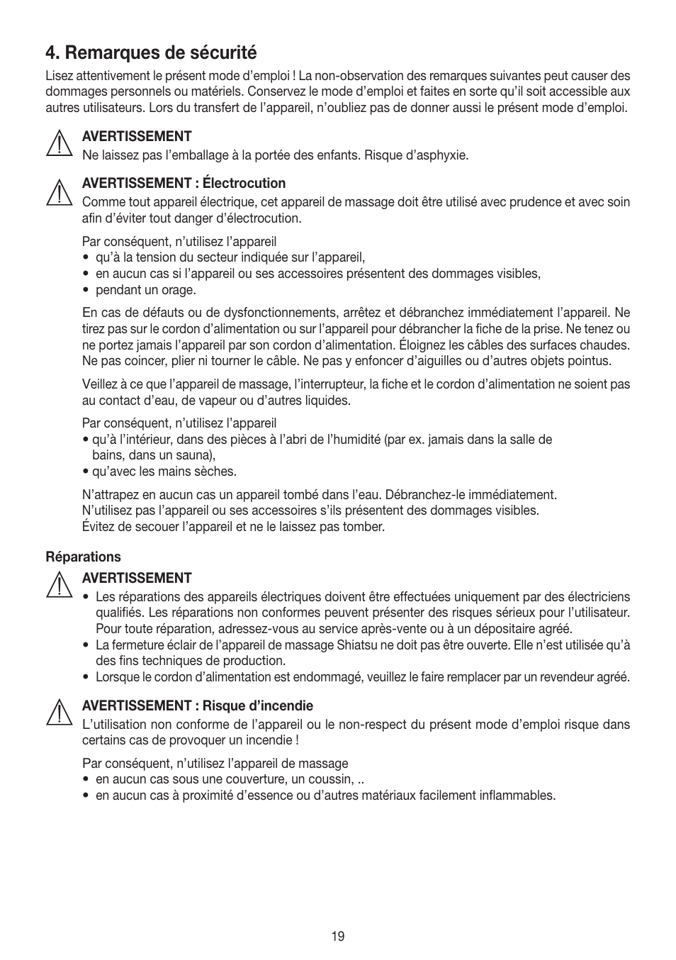 Remarques de sécurité | Beurer MG 300 User Manual | Page 19 / 60