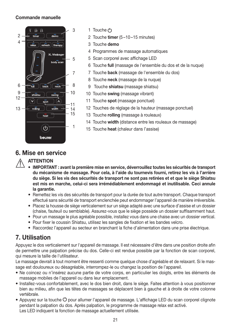 Mise en service, Utilisation | Beurer MG 300 User Manual | Page 21 / 60