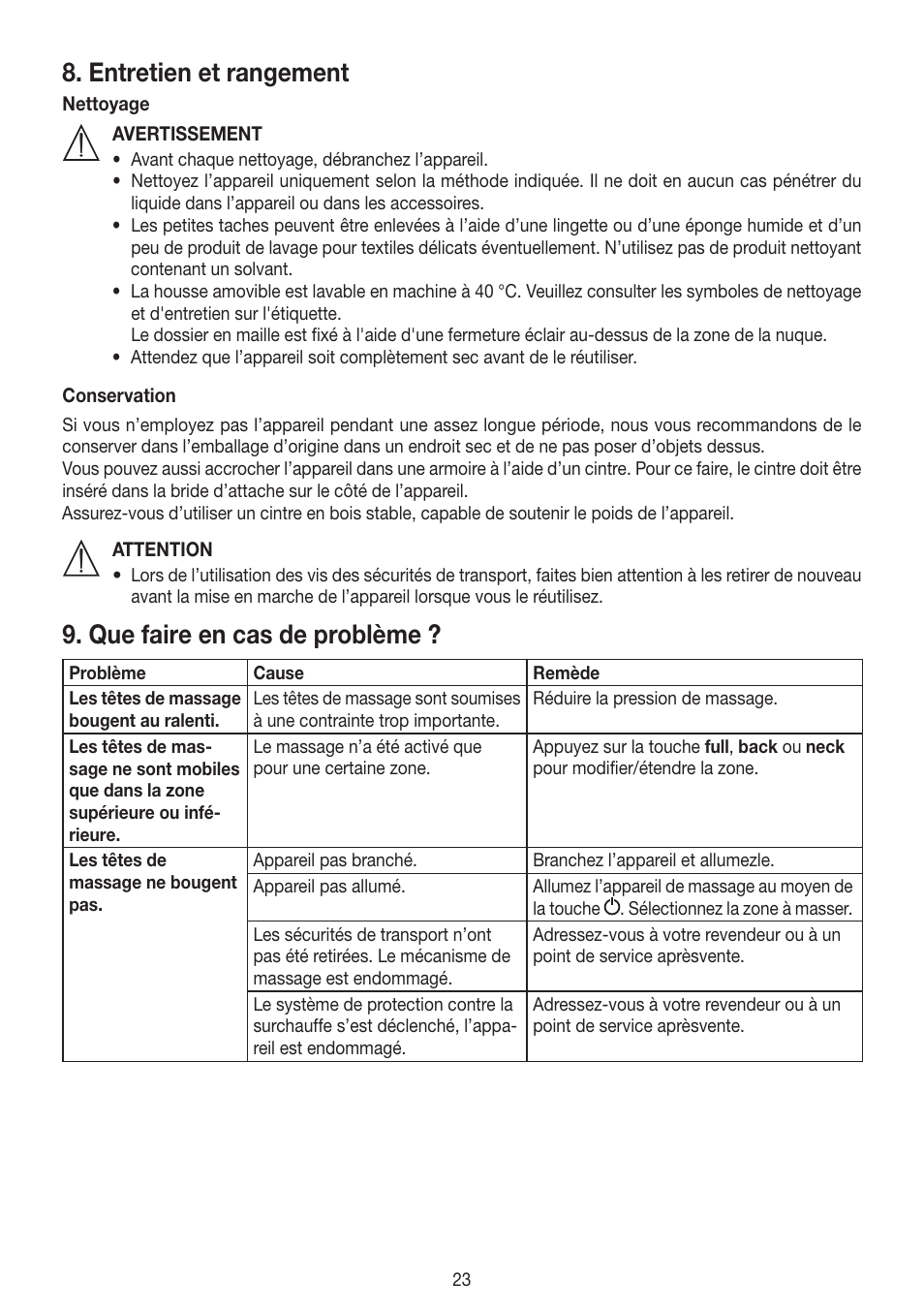 Entretien et rangement, Que faire en cas de problème | Beurer MG 300 User Manual | Page 23 / 60