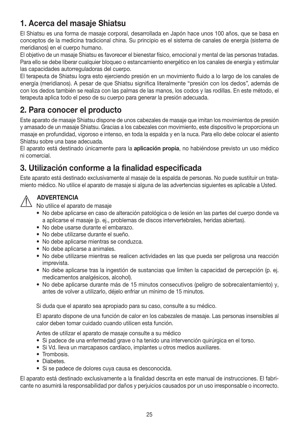 Acerca del masaje shiatsu, Para conocer el producto, Utilización conforme a la finalidad especificada | Beurer MG 300 User Manual | Page 25 / 60