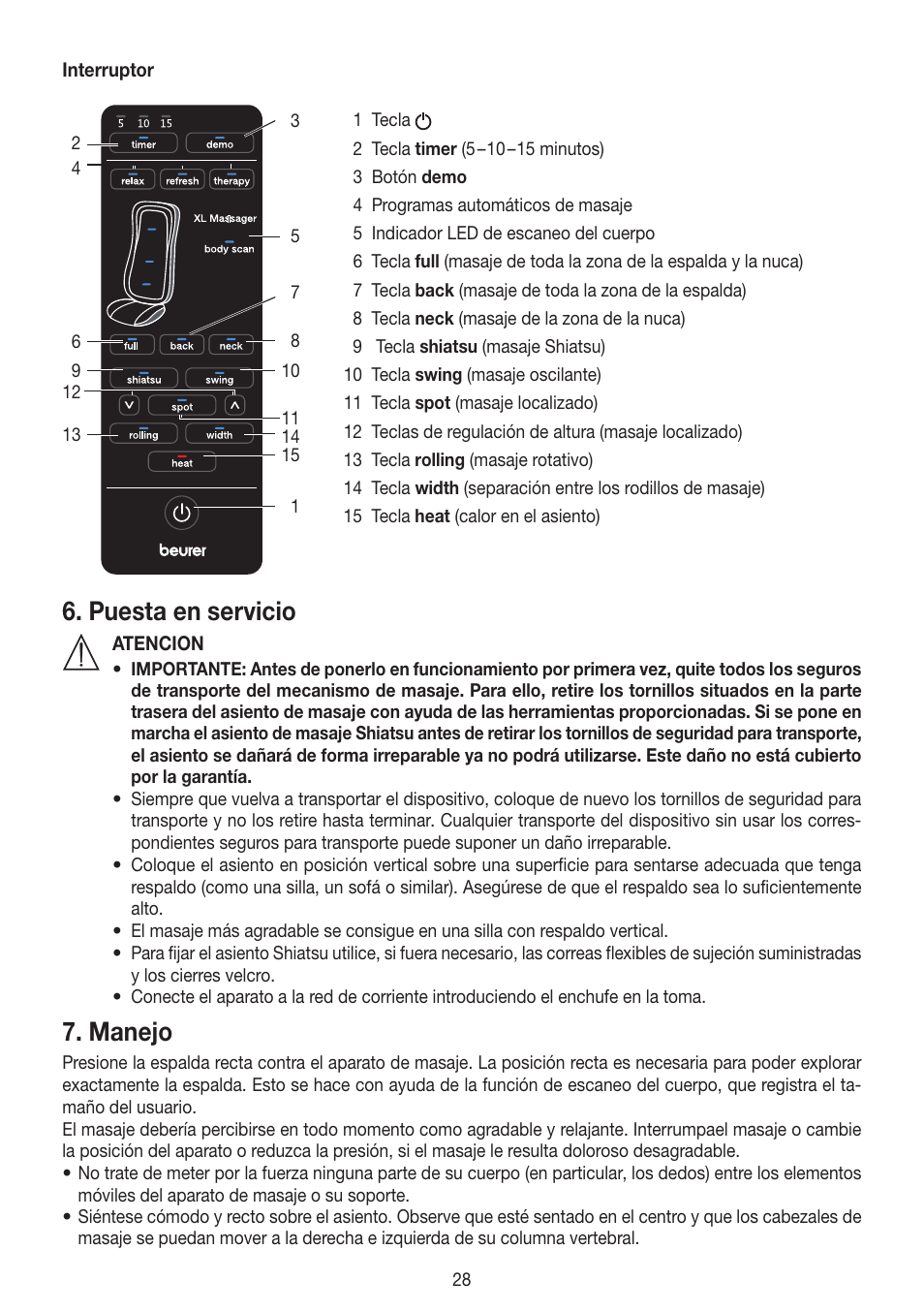 Puesta en servicio, Manejo | Beurer MG 300 User Manual | Page 28 / 60