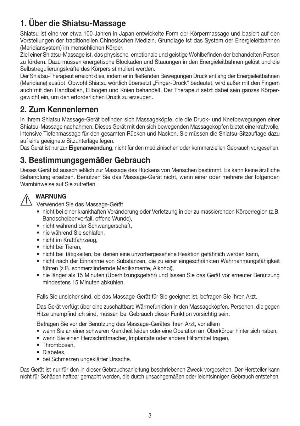 Über die shiatsu-massage, Zum kennenlernen, Bestimmungsgemäßer gebrauch | Beurer MG 300 User Manual | Page 3 / 60