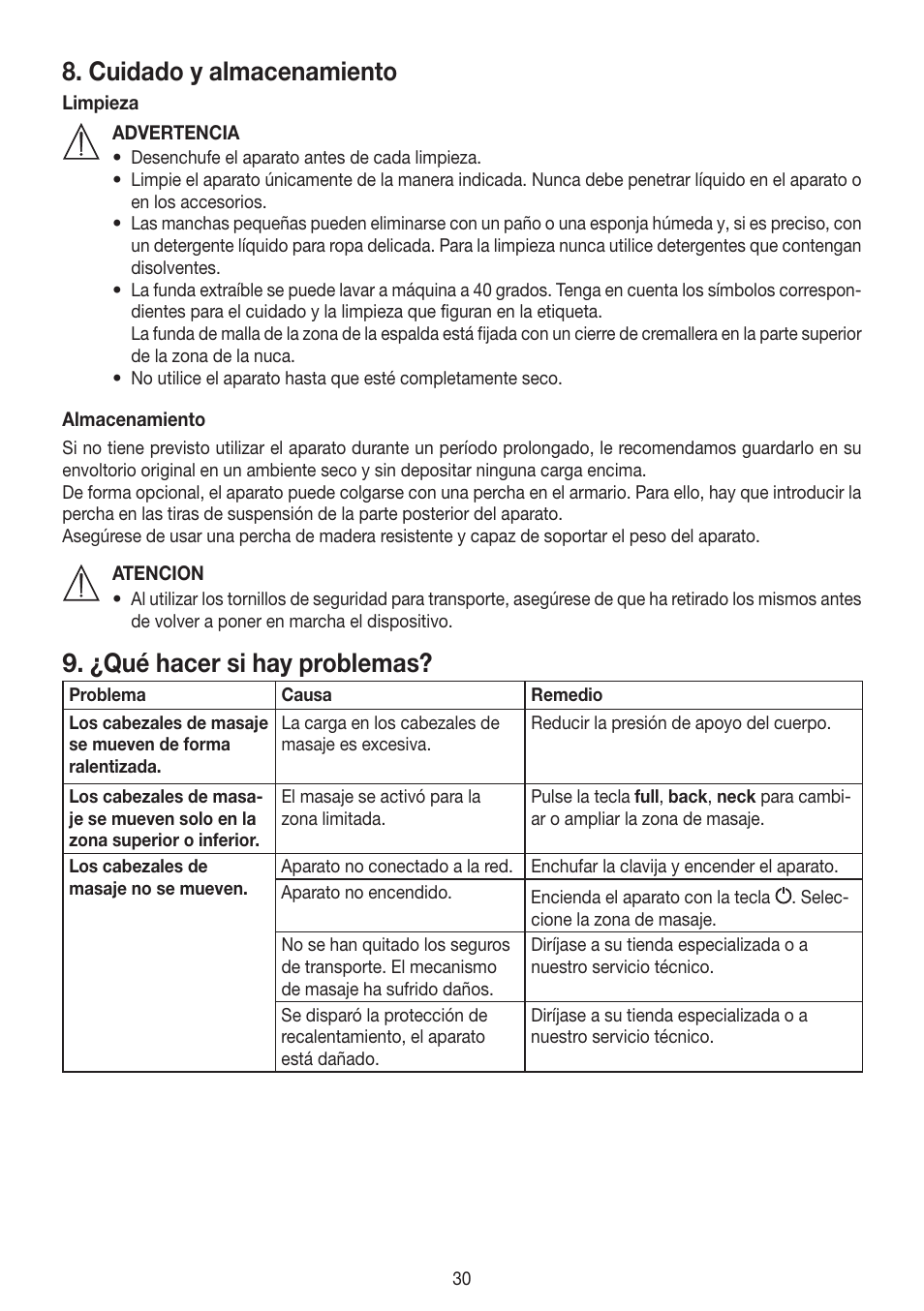 Cuidado y almacenamiento, ¿qué hacer si hay problemas | Beurer MG 300 User Manual | Page 30 / 60