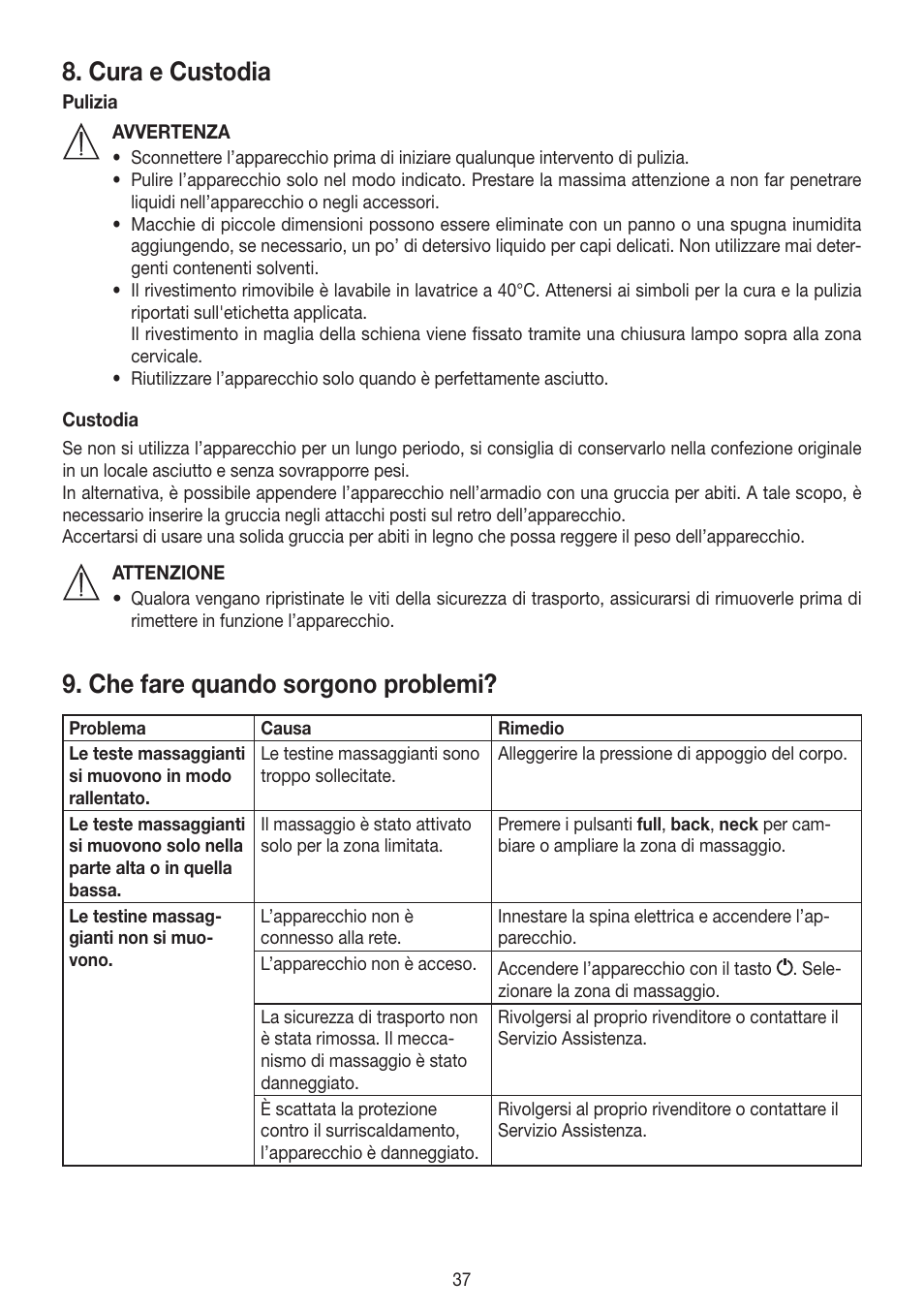 Cura e custodia, Che fare quando sorgono problemi | Beurer MG 300 User Manual | Page 37 / 60