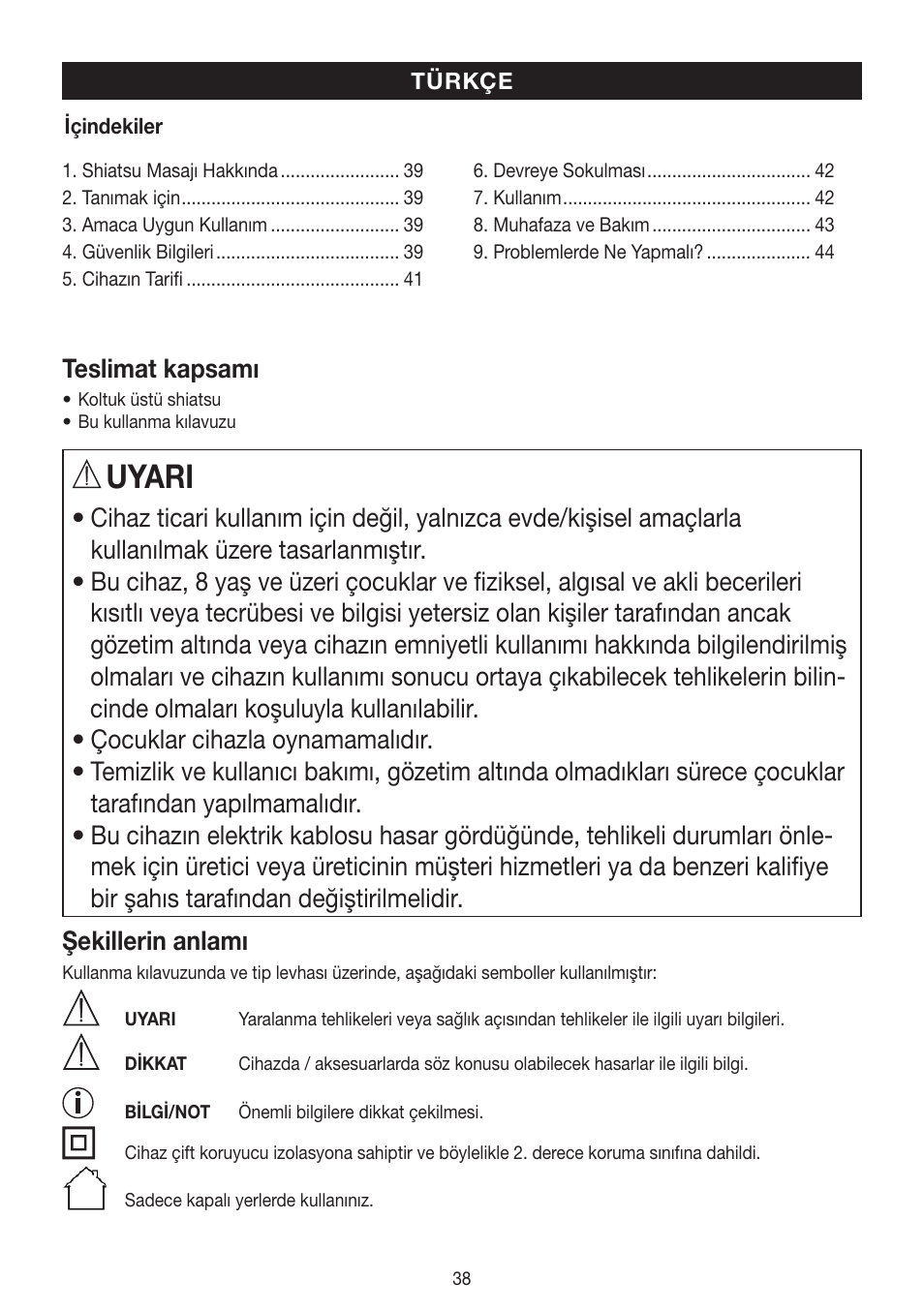 Uyari, Teslimat kapsamı | Beurer MG 300 User Manual | Page 38 / 60