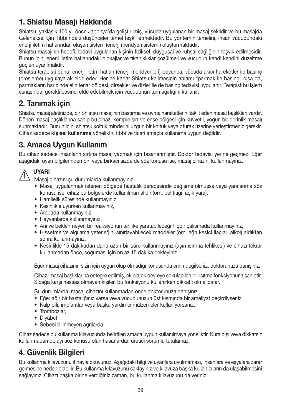 Shiatsu masajı hakkında, Tanımak için, Amaca uygun kullanım | Güvenlik bilgileri | Beurer MG 300 User Manual | Page 39 / 60