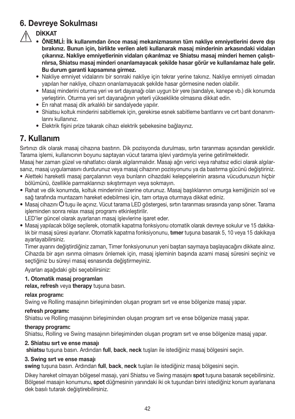 Devreye sokulması, Kullanım | Beurer MG 300 User Manual | Page 42 / 60