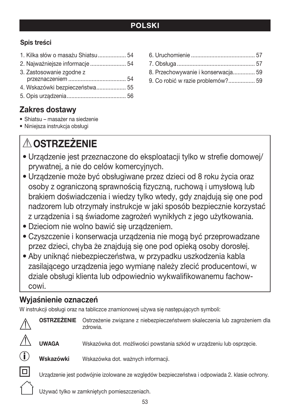 Ostrzeżenie, Zakres dostawy | Beurer MG 300 User Manual | Page 53 / 60