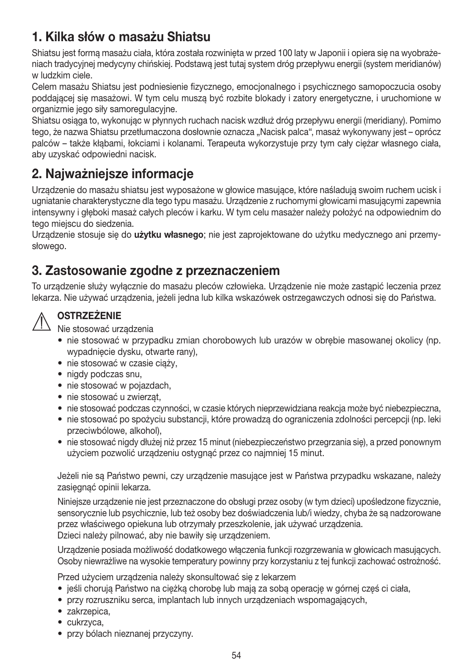 Kilka słów o masażu shiatsu, Najważniejsze informacje, Zastosowanie zgodne z przeznaczeniem | Beurer MG 300 User Manual | Page 54 / 60
