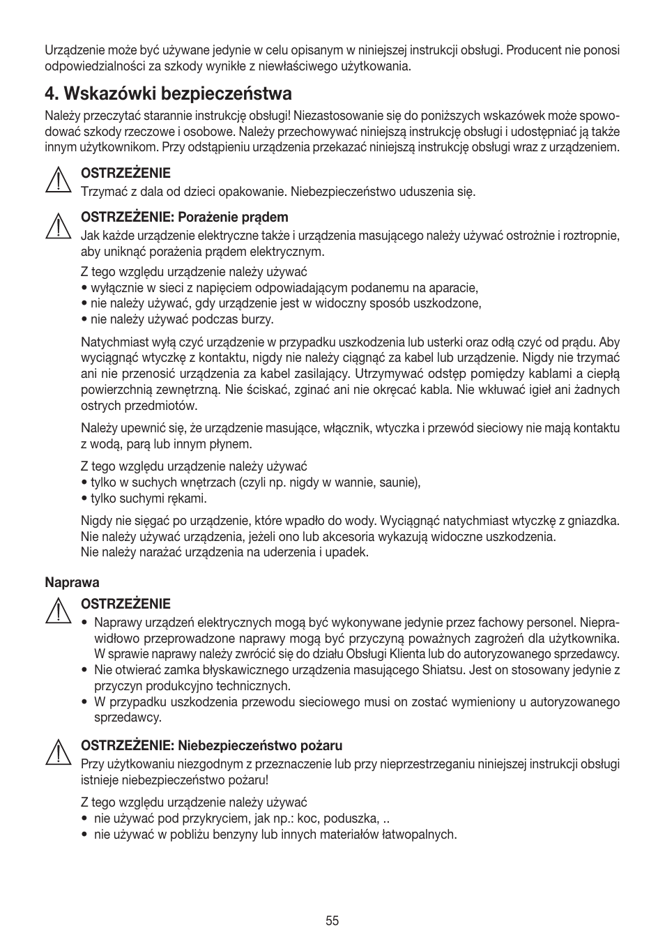 Wskazówki bezpieczeństwa | Beurer MG 300 User Manual | Page 55 / 60