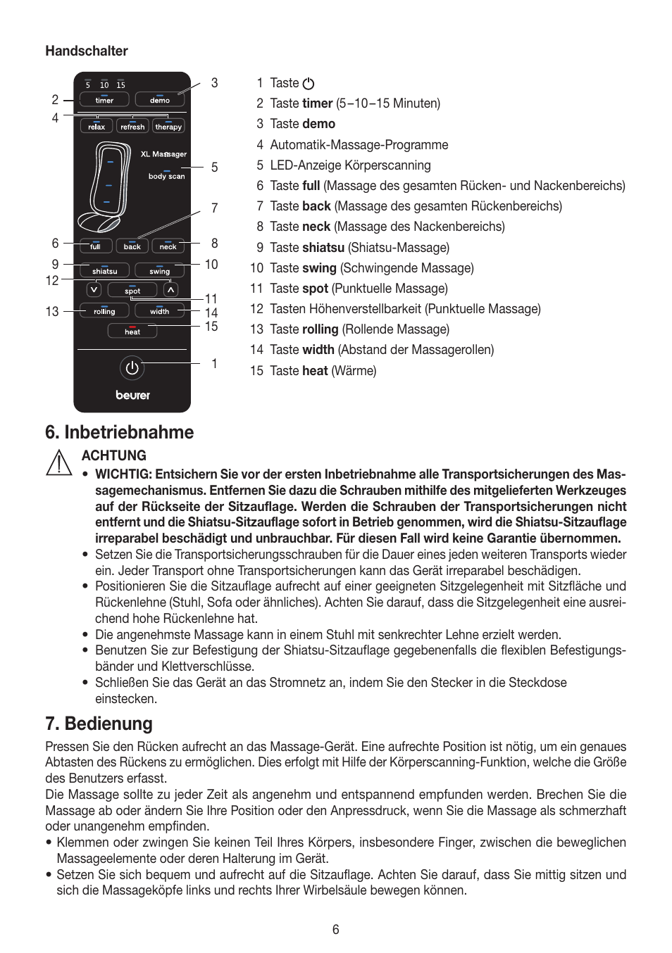 Inbetriebnahme, Bedienung | Beurer MG 300 User Manual | Page 6 / 60