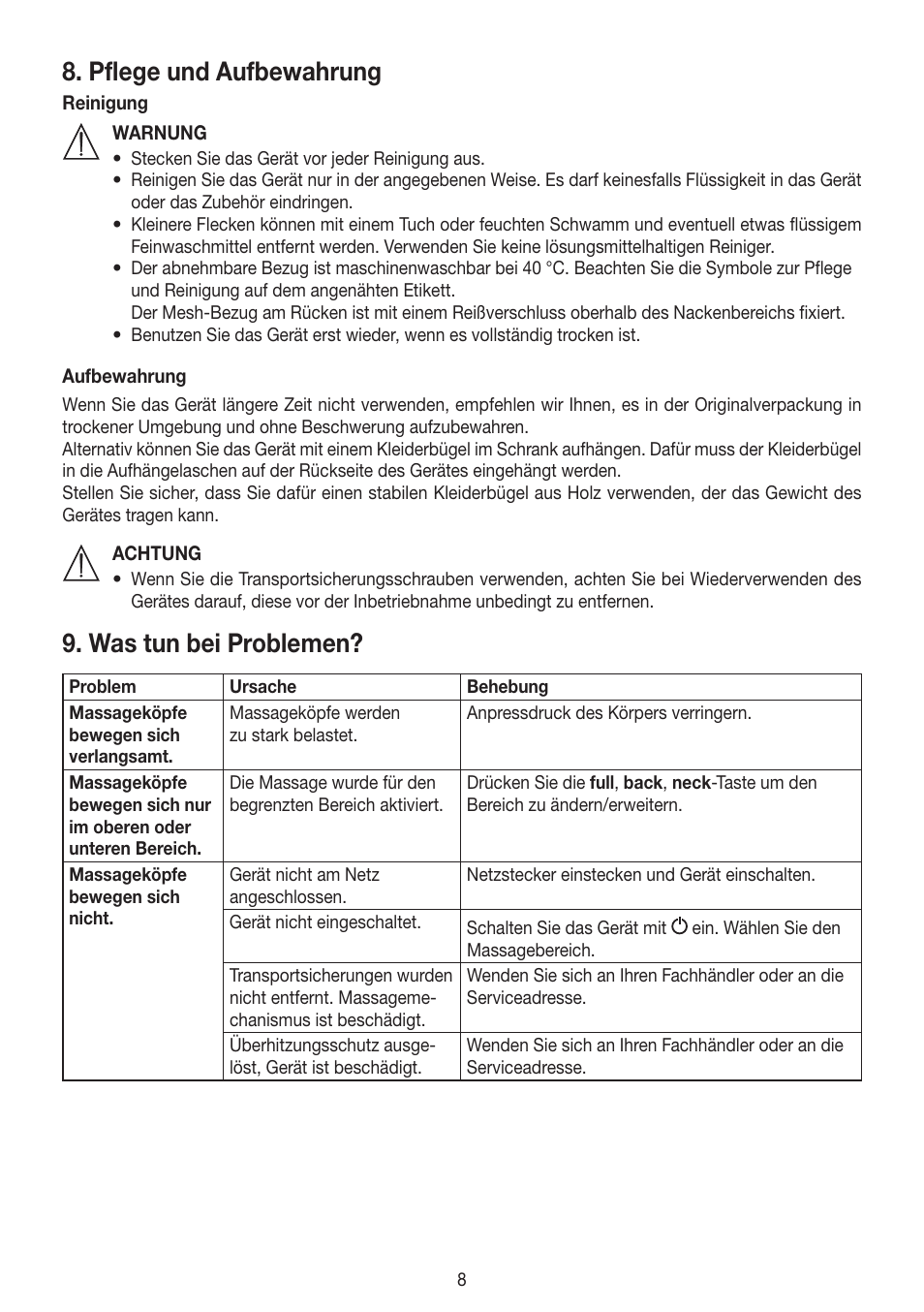 Pflege und aufbewahrung, Was tun bei problemen | Beurer MG 300 User Manual | Page 8 / 60