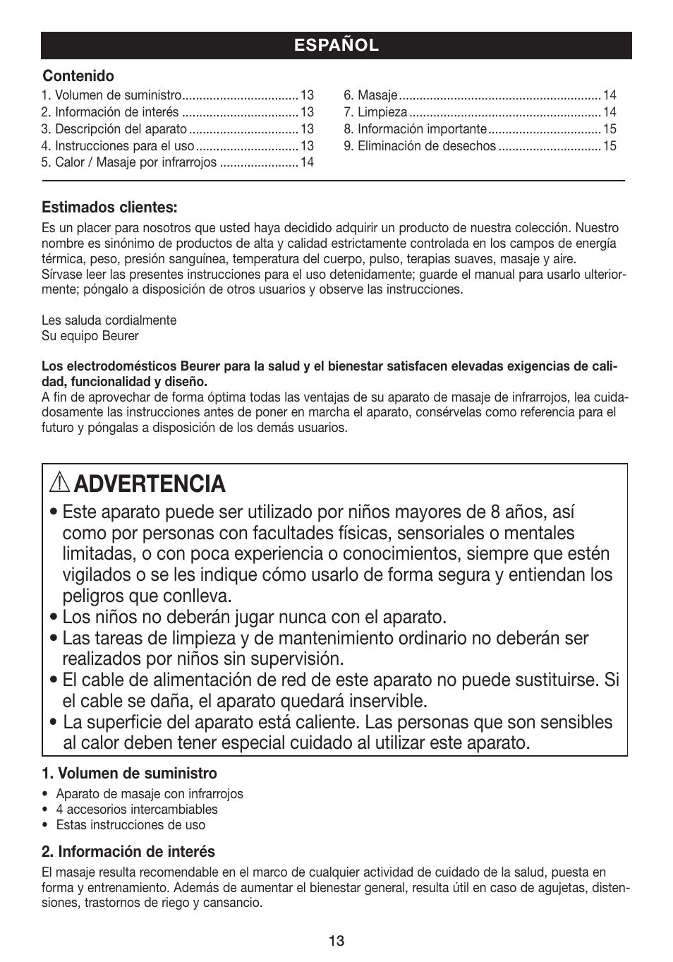 Advertencia | Beurer MG 40 (Typ BF 50) User Manual | Page 13 / 44