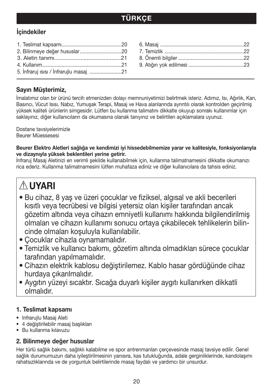 Uyari | Beurer MG 40 (Typ BF 50) User Manual | Page 20 / 44