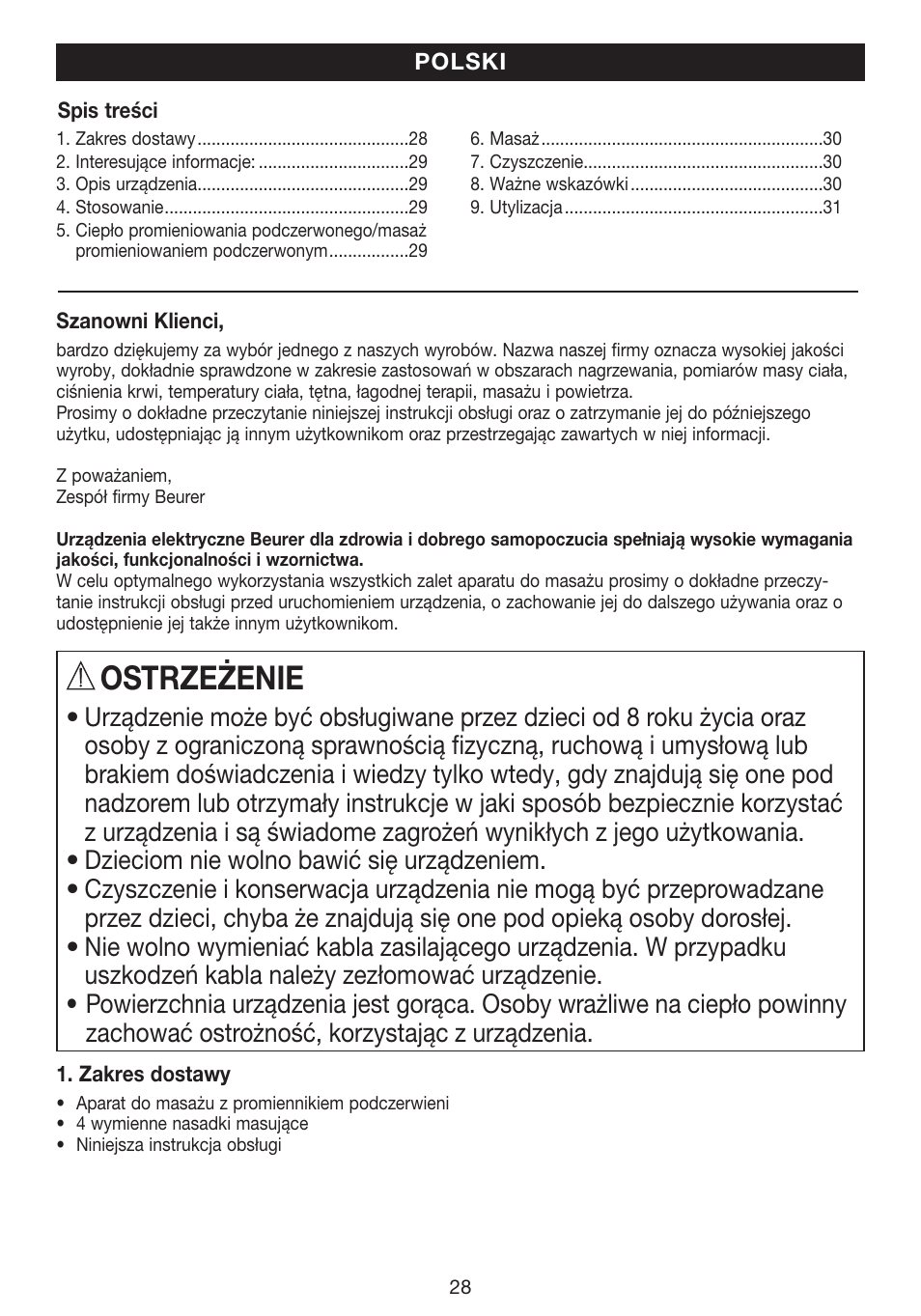 Ostrzeżenie | Beurer MG 40 (Typ BF 50) User Manual | Page 28 / 44