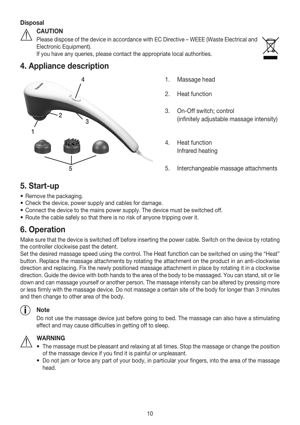 Appliance description, Start-up, Operation | Beurer MG 55 User Manual | Page 10 / 60