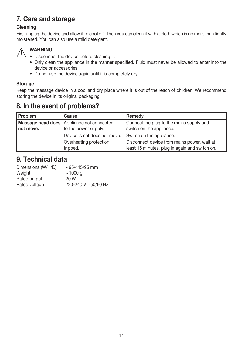 Care and storage, Technical data | Beurer MG 55 User Manual | Page 11 / 60