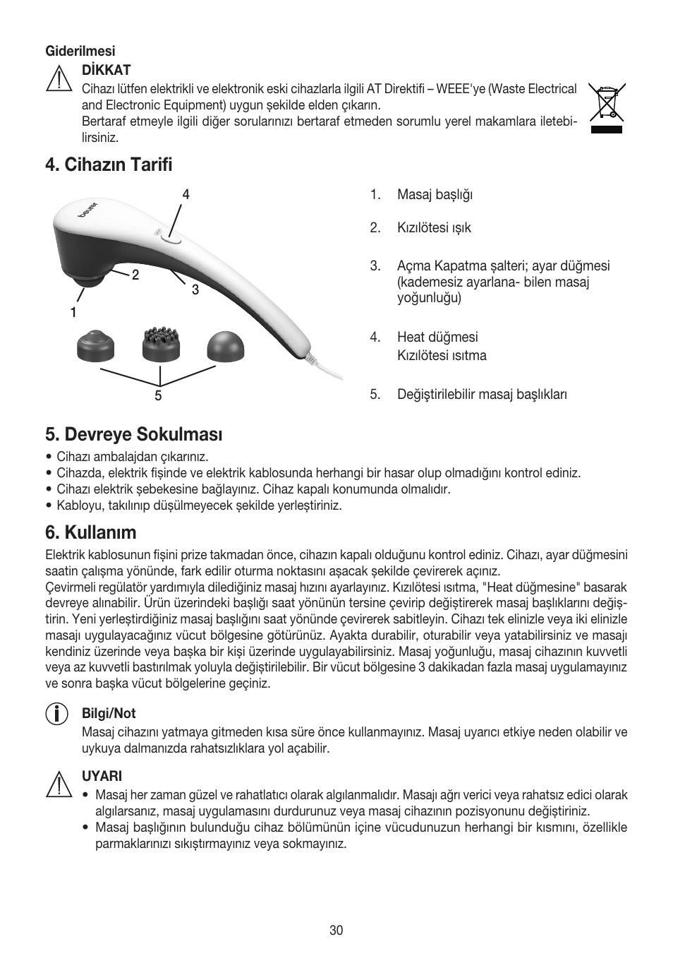 Cihazın tarifi, Devreye sokulması, Kullanım | Beurer MG 55 User Manual | Page 30 / 60