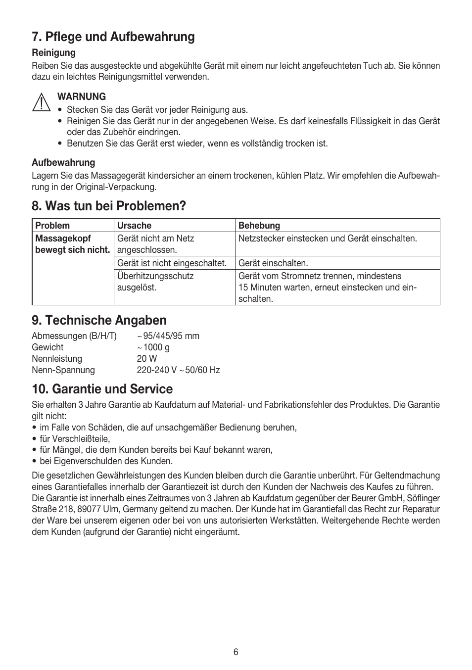 Pflege und aufbewahrung, Was tun bei problemen, Technische angaben | Garantie und service | Beurer MG 55 User Manual | Page 6 / 60