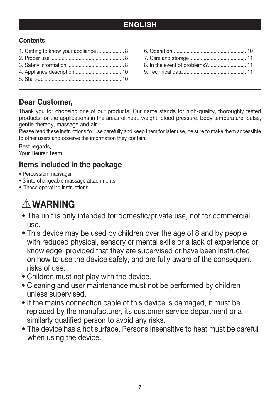 Warning | Beurer MG 55 User Manual | Page 7 / 60