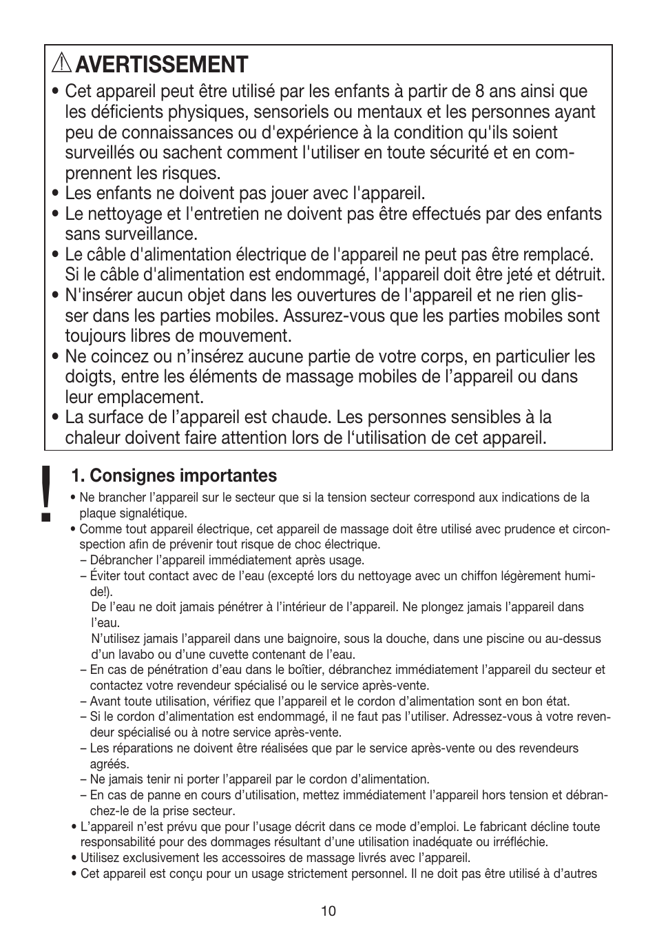 Avertissement | Beurer MG 70 User Manual | Page 10 / 44