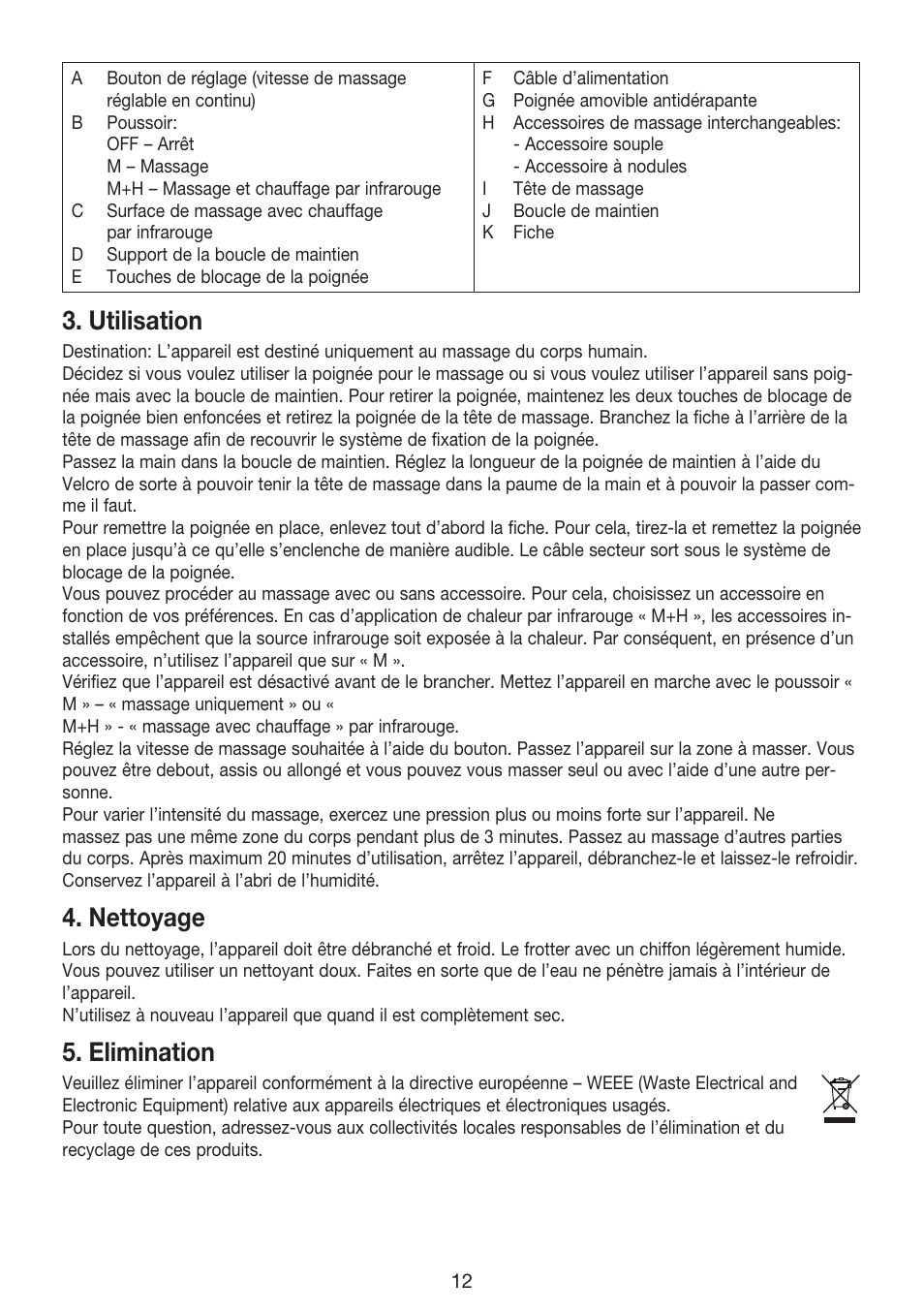 Utilisation, Nettoyage, Elimination | Beurer MG 70 User Manual | Page 12 / 44