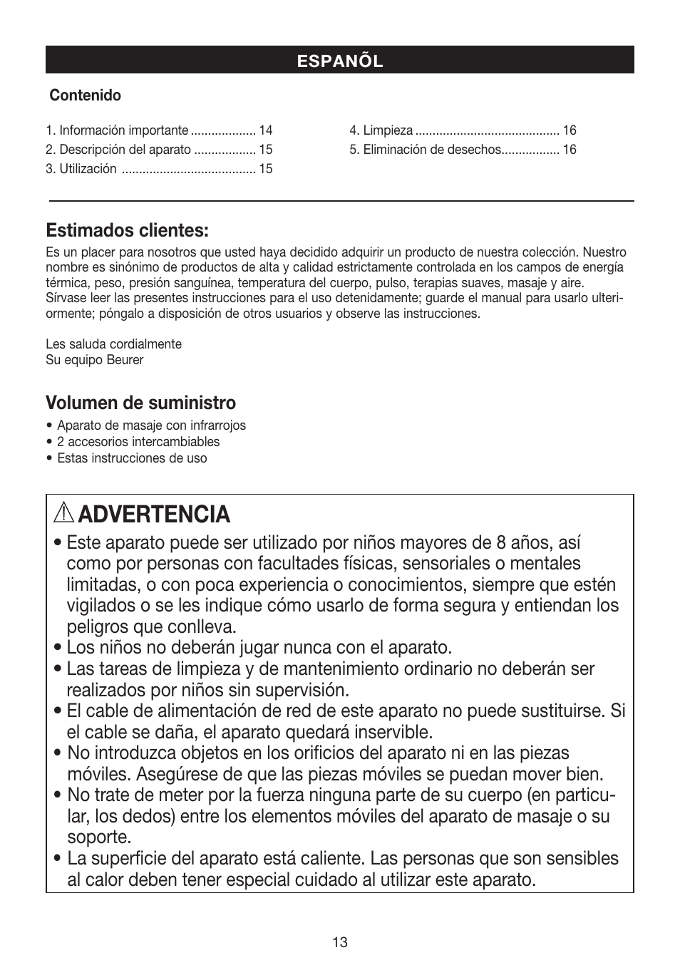 Advertencia | Beurer MG 70 User Manual | Page 13 / 44