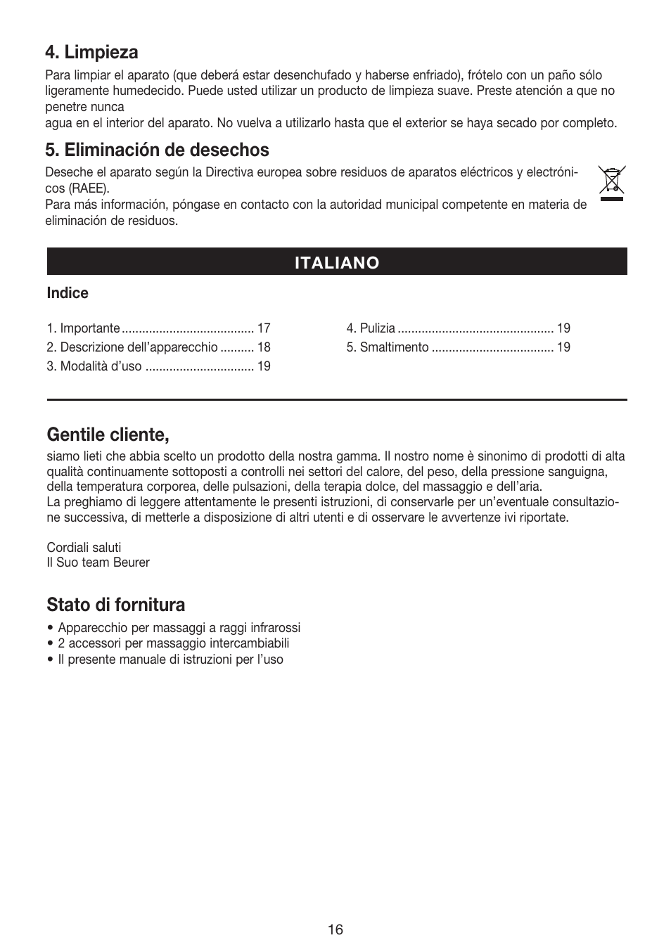 Limpieza, Eliminación de desechos, Gentile cliente | Stato di fornitura | Beurer MG 70 User Manual | Page 16 / 44