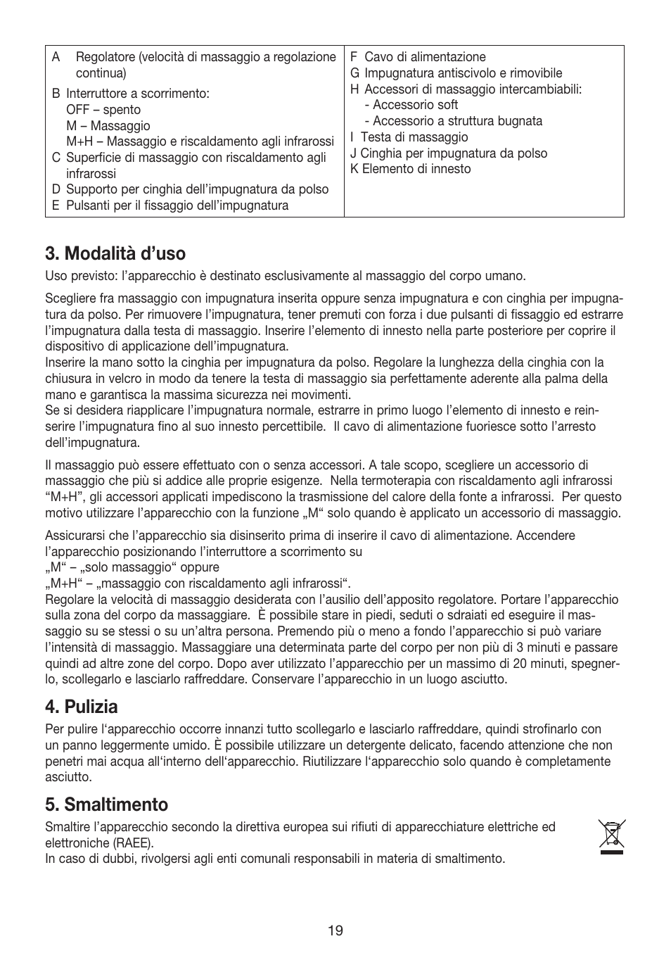 Modalità d’uso, Pulizia, Smaltimento | Beurer MG 70 User Manual | Page 19 / 44