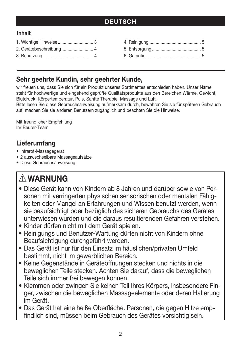 Warnung | Beurer MG 70 User Manual | Page 2 / 44