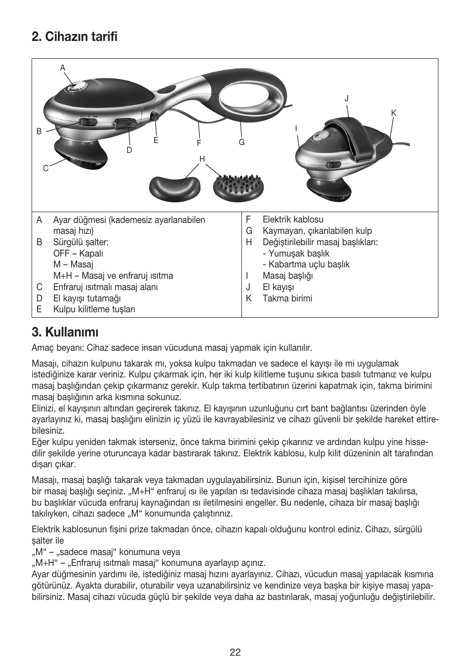 Cihazın tarifi, Kullanımı | Beurer MG 70 User Manual | Page 22 / 44