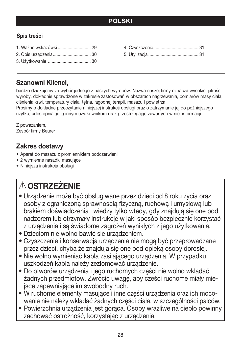 Ostrzeżenie | Beurer MG 70 User Manual | Page 28 / 44