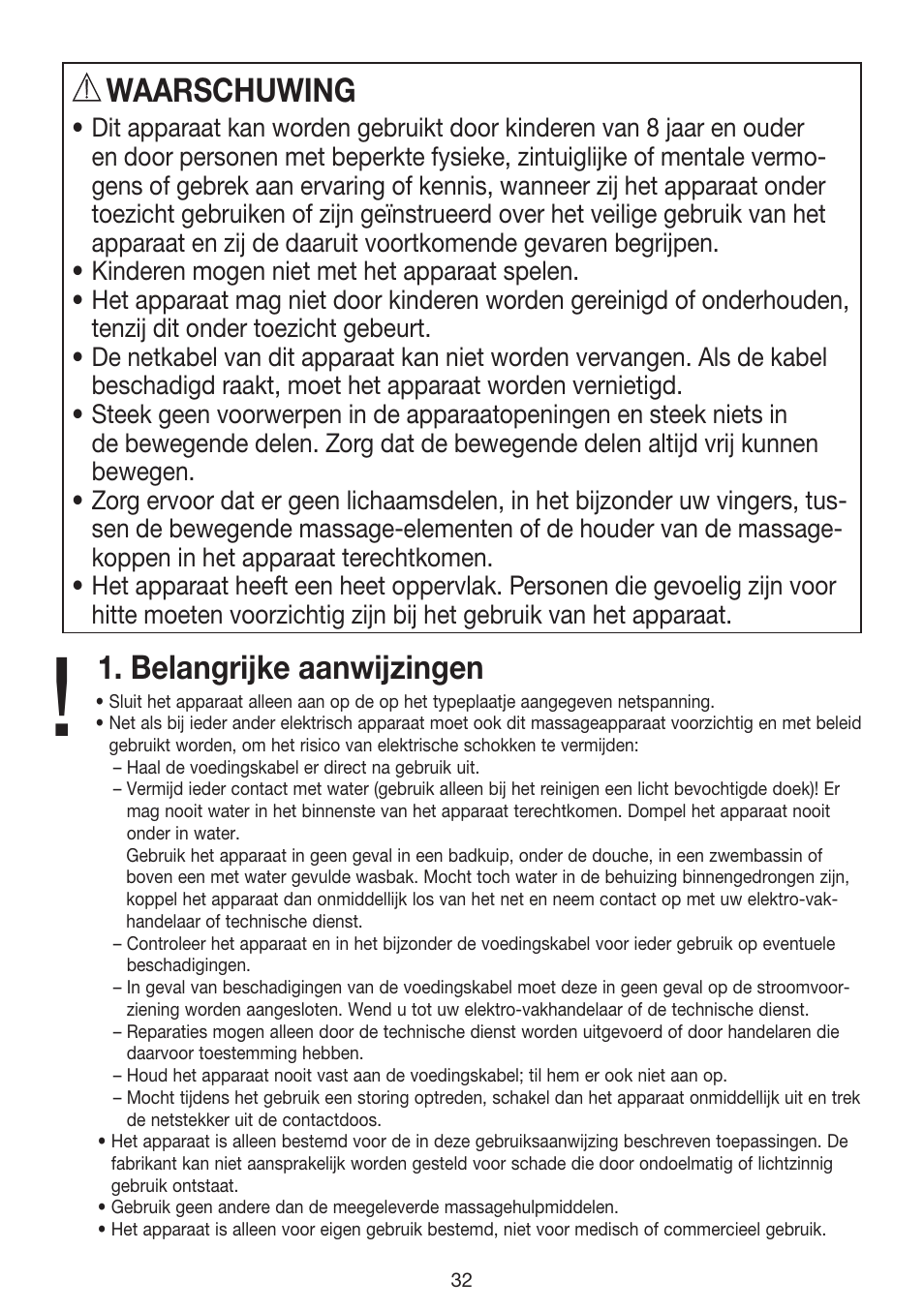Waarschuwing, Belangrijke aanwijzingen | Beurer MG 70 User Manual | Page 32 / 44