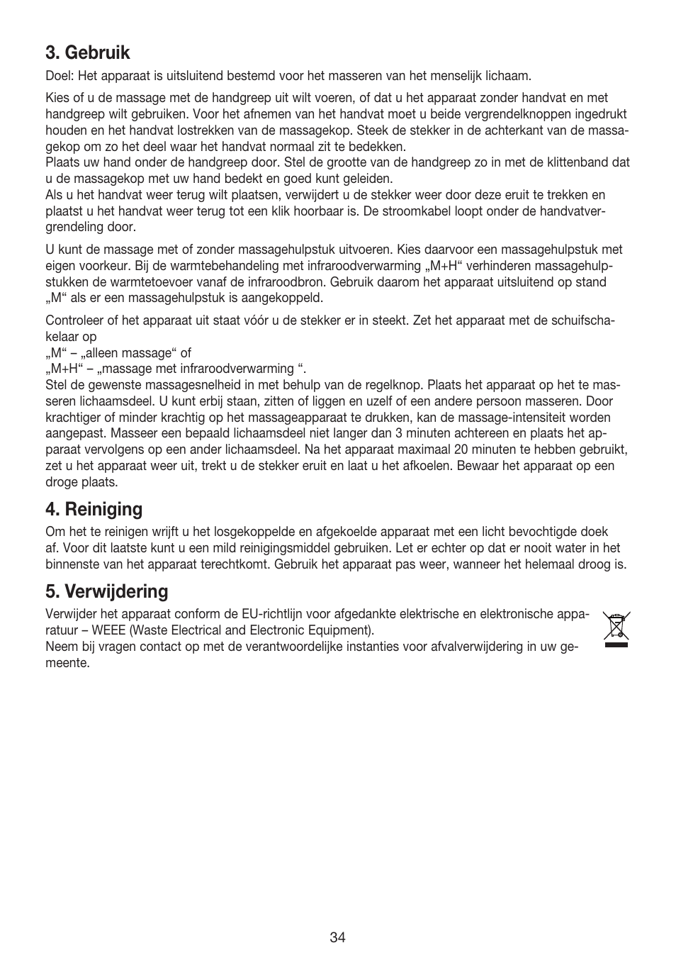 Gebruik, Reiniging, Verwijdering | Beurer MG 70 User Manual | Page 34 / 44