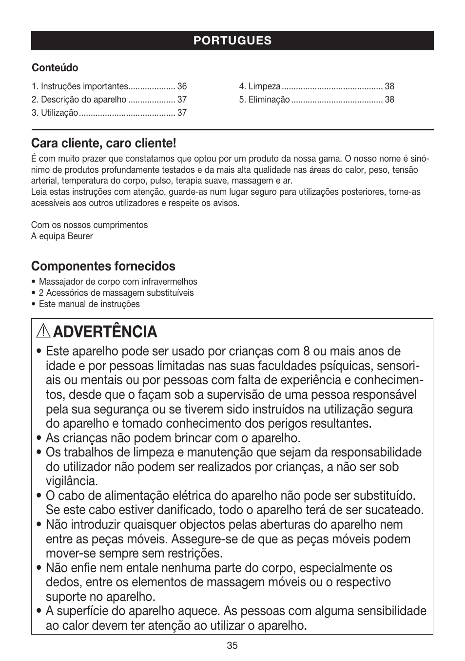 Advertência | Beurer MG 70 User Manual | Page 35 / 44
